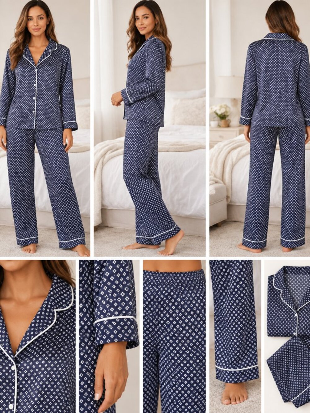 Oscar de la Renta Blue White Piped Button Pajama Set Lounge Sleepwear Size M